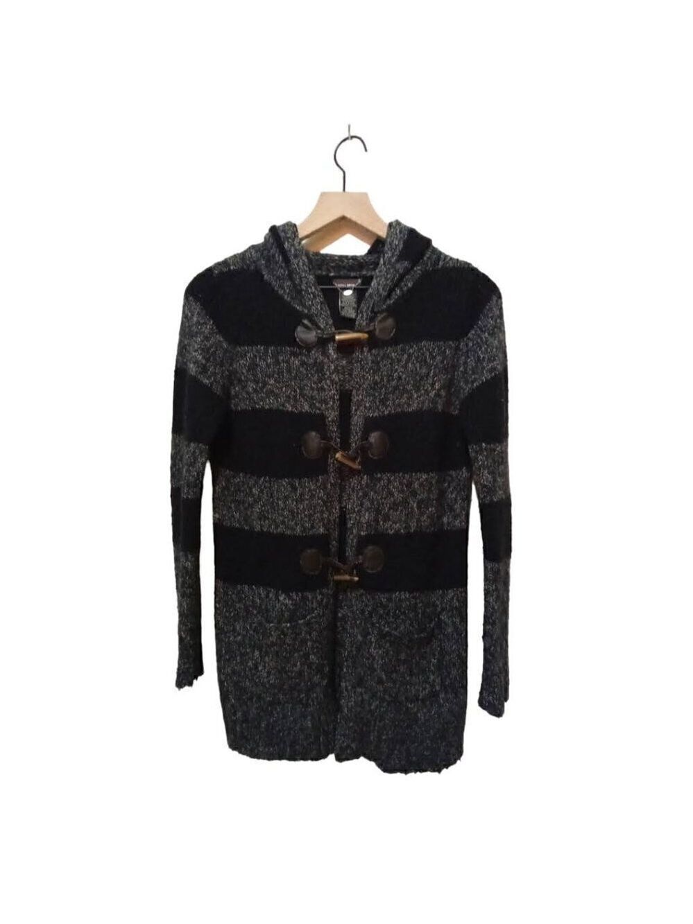 Devoted Long Black & Gray Marle Striped Toggle Closure Hooded Cardigan Sz XS